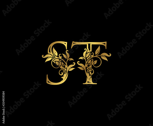 Luxury Gold letter S, T and ST Vintage decorative ornament letter stamp, wedding logo, classy letter logo icon.