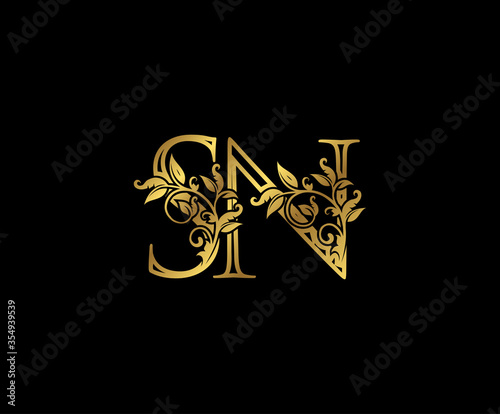 Luxury Gold letter S, N and SN Vintage decorative ornament letter stamp, wedding logo, classy letter logo icon.
