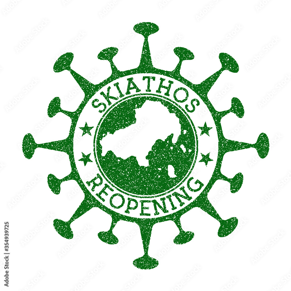Skiathos reopening stamp. Green round badge of island with map of Skiathos. Island opening after lockdown. Vector illustration. Skiathos reopening stamp. Green round badge of island with map of Skiathos. Island opening after lockdown. Vector illustration.