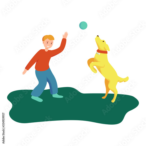 Happy smiling boy playing with Dog and ball on the grass, Child spends time outdoors. Jumping dog. Outdoor activities for children. Vector cartoon flat illustration isolated on white background.