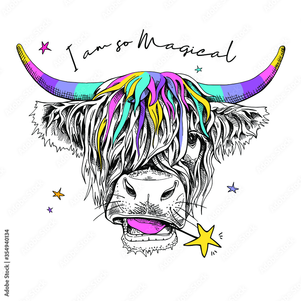 Cute cow (Hairy Coo) with a rainbow long hair, unicorn horns and in a headphone. I Cute cow (Hairy Coo) with a rainbow long hair, unicorn horns and in a headphone. I