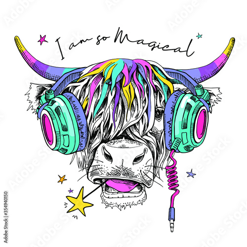 Cute cow (Hairy Coo) with a rainbow long hair, unicorn horns and in a headphone. I am so magical - lettering quote. Humor card, t-shirt composition, hand drawn style print. Vector illustration.