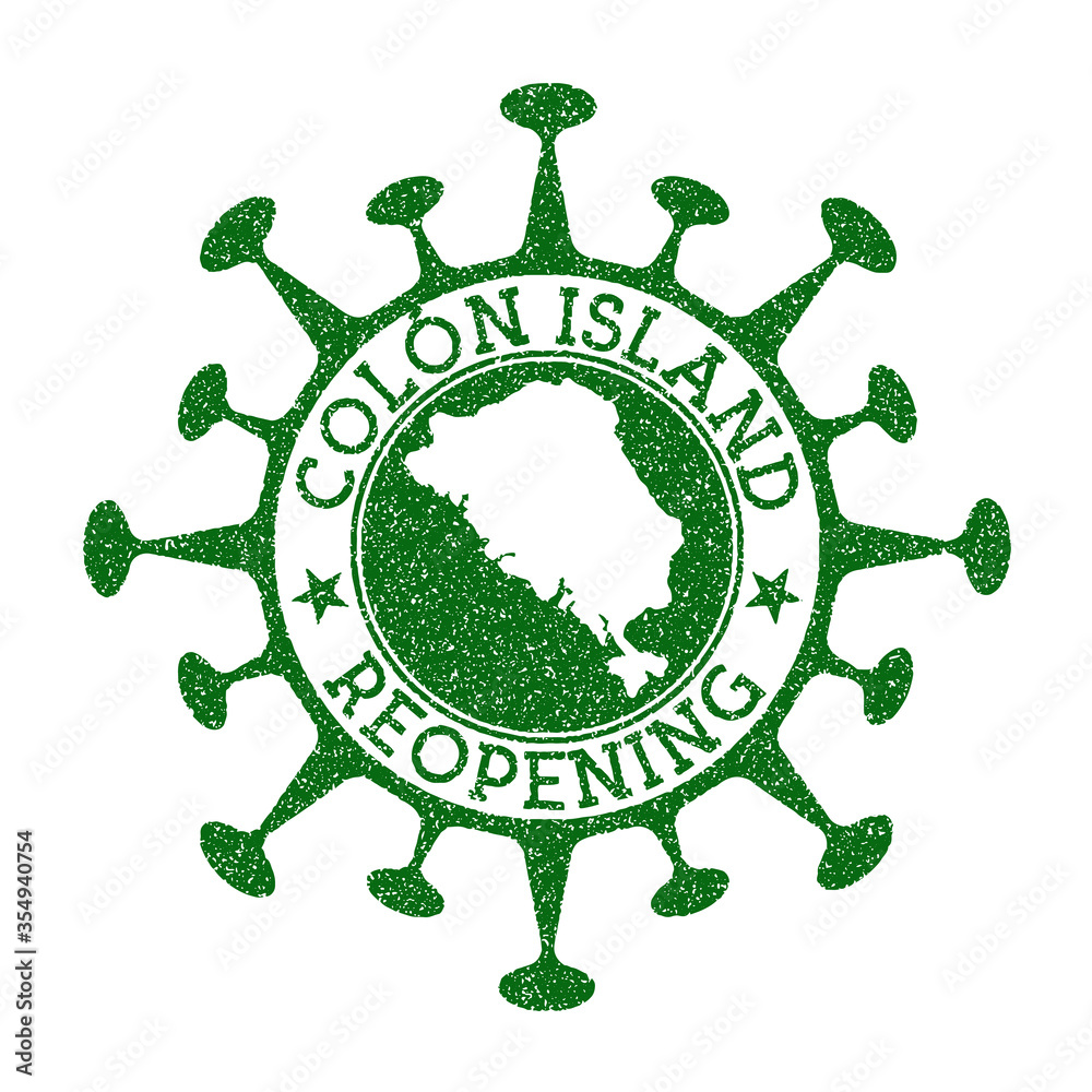 Colon Island Reopening Stamp. Green round badge of island with map of Colon Island. Island opening after lockdown. Vector illustration.