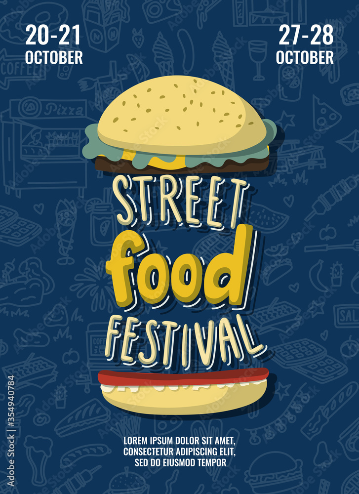 Street food festival poster with burger in cartoon style and hand drawn ...