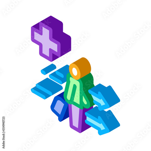 medical assistance to tourist with suitcase icon vector. isometric medical assistance to tourist with suitcase sign. color isolated symbol illustration