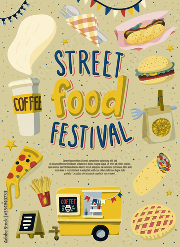 Street food festival poster template design. Hand drawn lettering and fast food in doodle style.