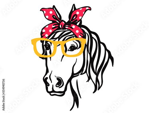 Horse head in red bandana and sunglasses. Vector silhouette of printable file. Farm animal isolated on white.