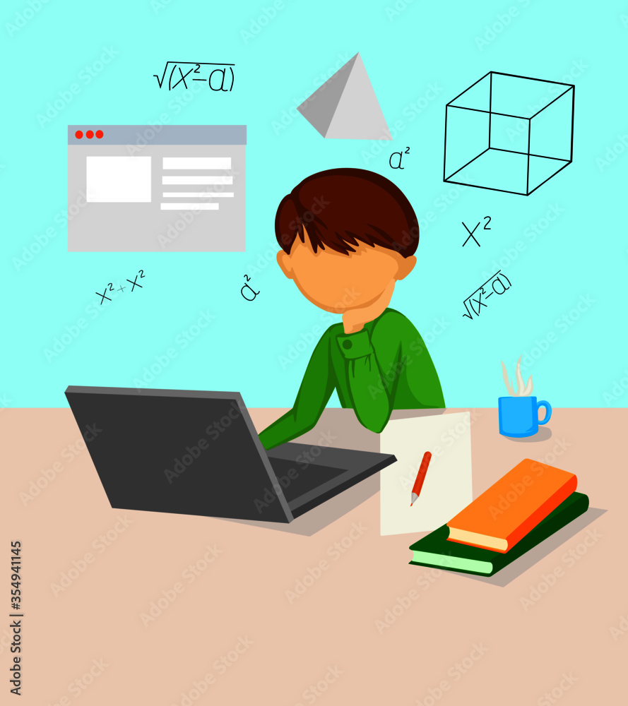 Boy on laptop studying online education at home cartoon Vector illustration of surfing the Internet e-learning concept of school lesson Learning process of students Boy on laptop studying online education at home cartoon Vector illustration of surfing the Internet e-learning concept of school lesson Learning process of students