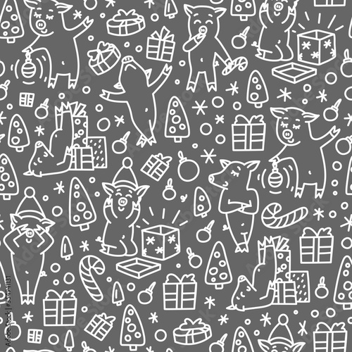Doodles funnny pigs seamless pattern. Black and white symbol of the 2019 new year monochrome background