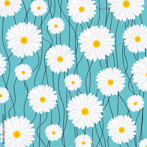 A beautiful print of a blue background on it is white charming daisies. Vintage camomile pattern on the turquoise background. Seamless floral pattern. Vector botanical illustration.