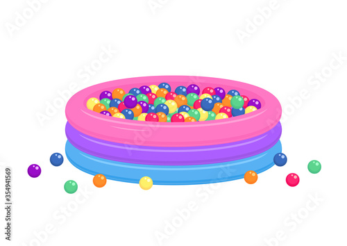 Kiddie inflatable pool full of plastic balls isolated on white background.