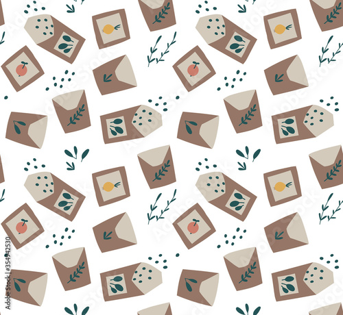 Seamless pattern with different seed packets, in cartoon style.