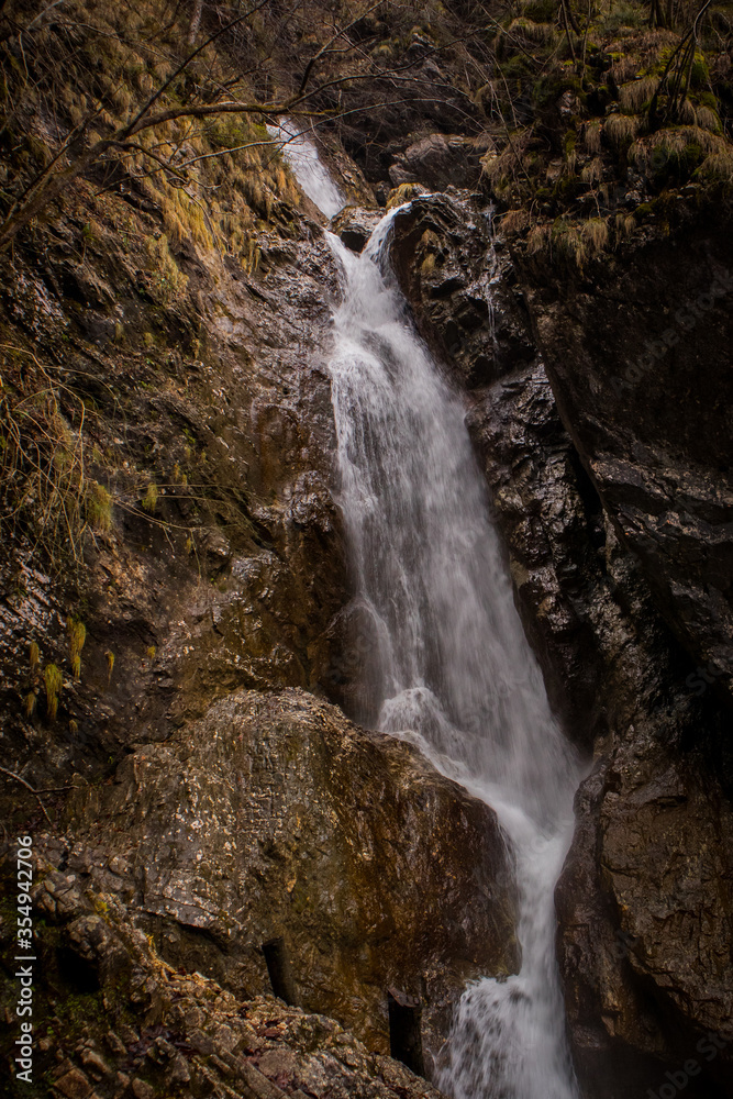 Fototapeta premium Fast flowing water over small rapids and waterfalls in Vintgar gorge, close to Borovnica, slovenia, on a dull winter day.
