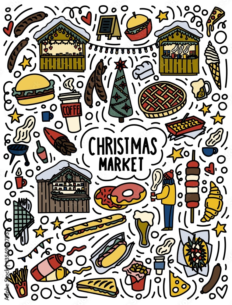Fototapeta Christmas market doodles concept. Hand drawn street food marker design