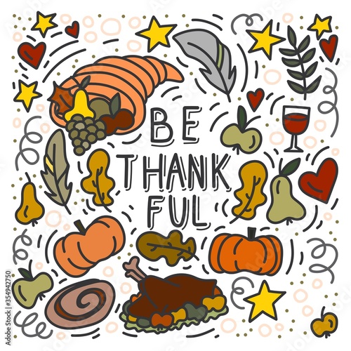Thanksgiving colored doodles and hand written lettering. Turkey, cornucopia and pumpkin