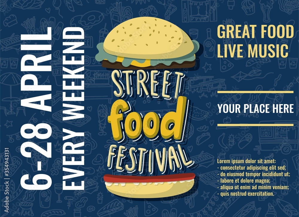 Street food festival horizontal poster with burger in cartoon style and ...