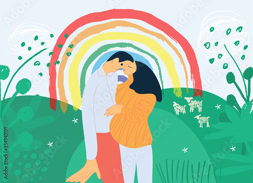 The Rainbow as a Symbol of Hope. Summer scene, pregnant family, young parents having fun against nature, hills, sheep and rainbow. Colorful flat vector illustration in a cartoon style