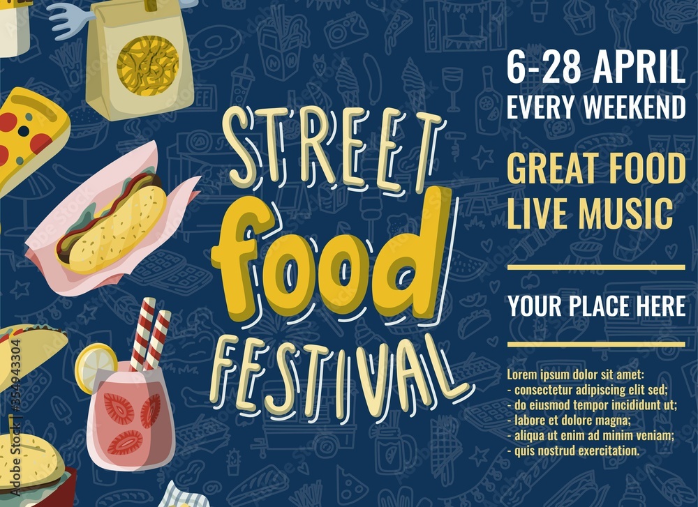 Street food festival horizontal poster in cartoon style and hand drawn ...