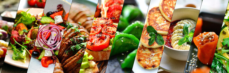 Collage of various food. Healthy and tasty vegetarian food, menu.