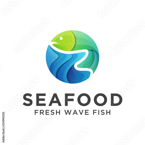 seafood shop logo, fish with wave in sea logo concept, vector template