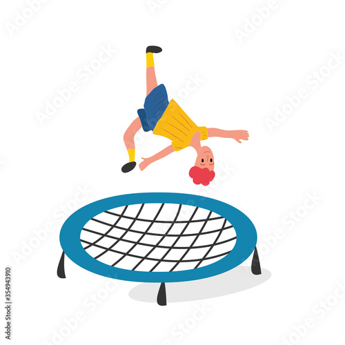 Happy boy jumping on trampoline. Young man having fun jump and bouncing, spare time, training and activity. Cartoon flat vector illustration on white background
