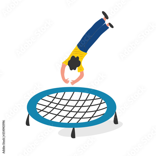 Happy boy jumping on trampoline. Young man having fun jump and bouncing, spare time, training and activity. Cartoon flat vector illustration