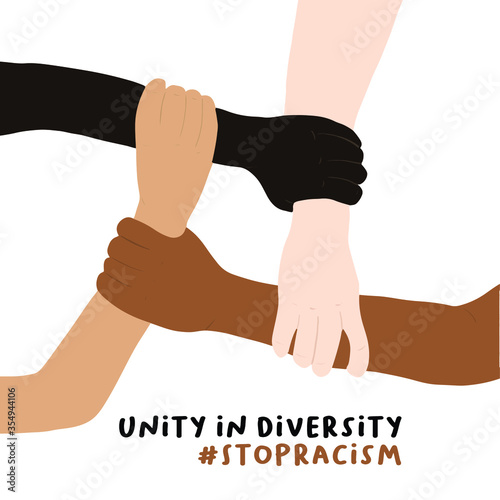 Drawing of races united against discrimination and racism. Black African American and Caucasian hands holding together in world unity and racial love and understanding. Vector illustration.