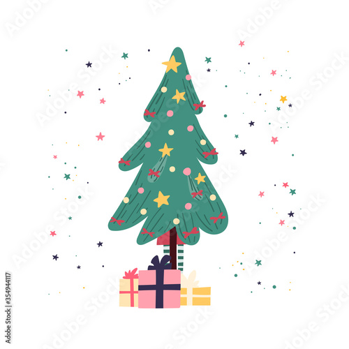 Santa's elf hiding behind the Christmas tree with presents. Hand drawn iilustration.