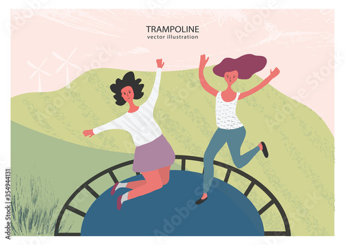 Bouncing on a trampoline. Girls having fun jumping on the trampoline. Outdoor activity. Flat vector concept