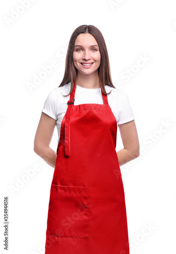 Billede på lærred Young woman in red apron portrait