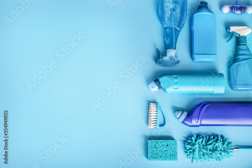 Household cleaning products in blue colors photo