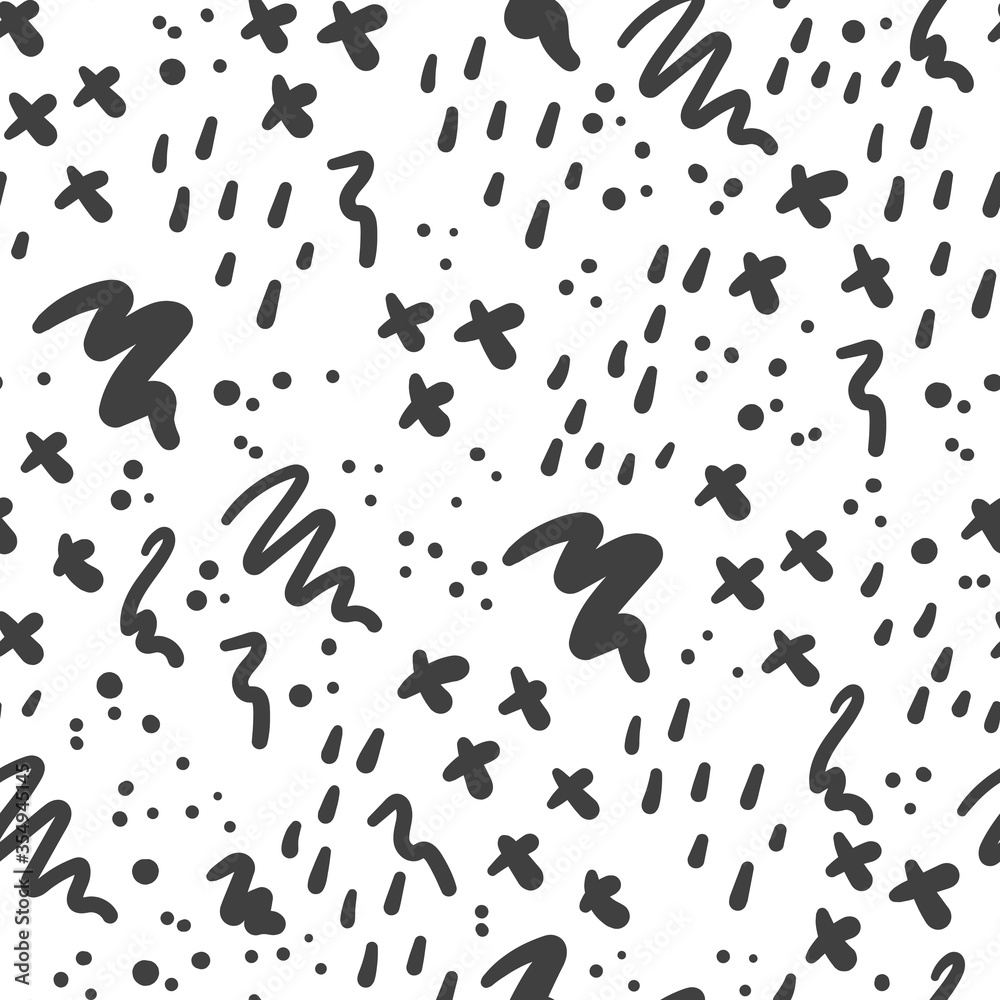 Cross, rain drop and brush mark seamless pattern. Hand drawn monochrome scandinavian style background