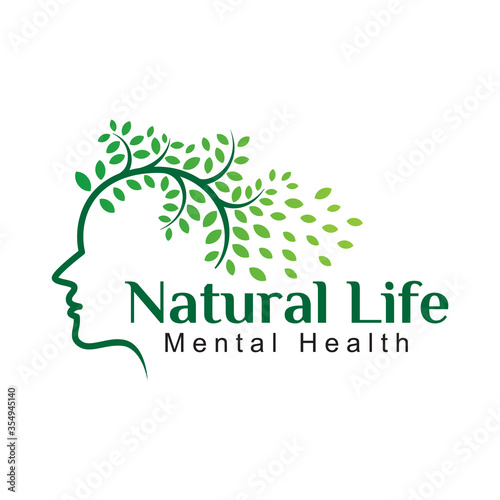 Natural Life mental health logo, face with tree concept logo vector template