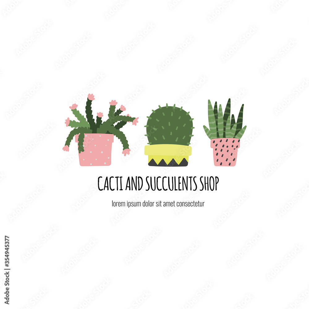 Cactus and succulents in pots. Hand drawn plants concept. Template for garden or flowers shop Cactus and succulents in pots. Hand drawn plants concept. Template for garden or flowers shop