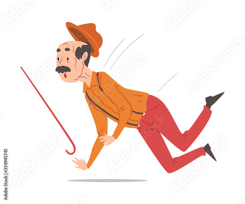 Elderly Man Falling Down, Retired Male Person Falling with Walking Cane, Accident, Pain or Injury Cartoon Style Vector Illustration on White Background