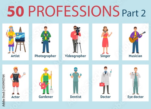50 professions. Big set of professions in cartoon flat style for children. International Workers' Day, Labour Day