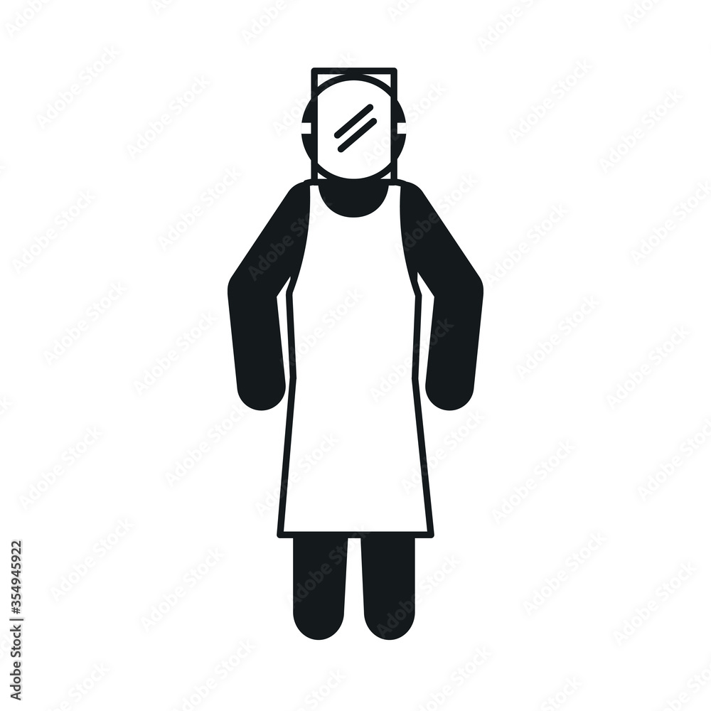 pictogram worker with protective facial mask and apron, silhouette style