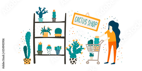 Woman with a shopping cart in a cacti and succulents shop. Woman pushing shopping trolley with flowers in a garden store. Flat design illustration on a white background.