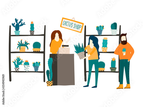 A woman sells cacti and succulents at a flower shop. Flat style illustration. Customer and a shop assistant concept. Flat style hand drawn illustration