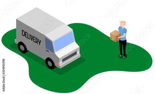 Isometric Logistics and Delivery concept. Delivery home and office. City logistics. Warehouse, truck, forklift, courier, drone and delivery man.
