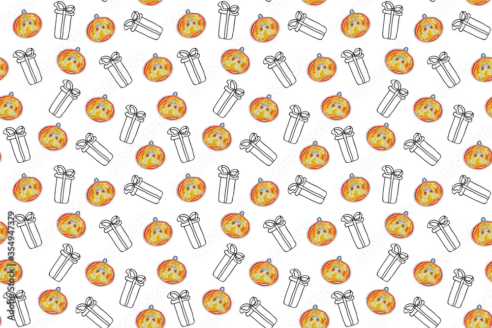 Seamless hand drawn pattern of Christmas balls, gifts. Festival pattern for Christmas or New Year wrapping paper, printing, textile, notebook covers. Pattern with watercolor and graphic elements.