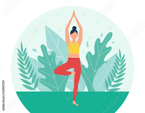 A girl practices yoga in the Park. The concept of outdoor yoga.Yoga classes in nature. Flat style. Girl in the tree pose. A female cartoon character on a background of foliage and plants.