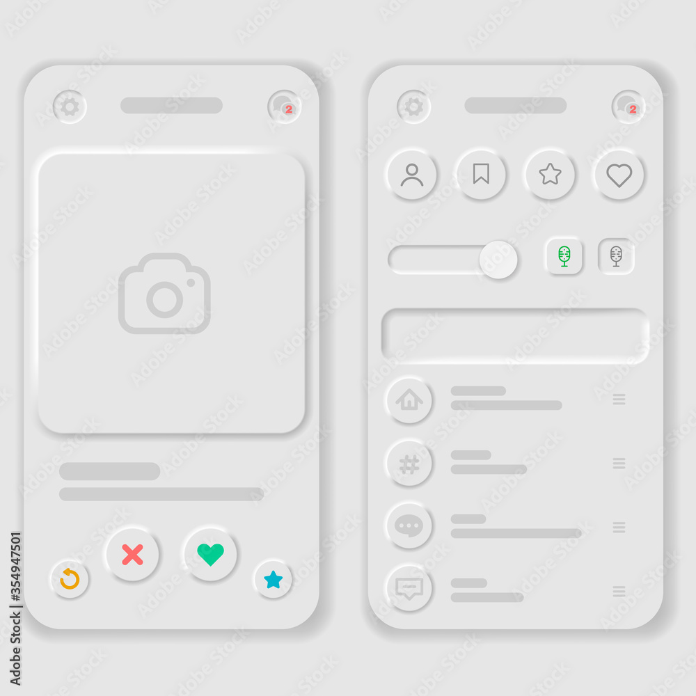 Mobile Dating App Mockup in Neumorphism Theme. UI and UX Alternative Trendy Concept Vector. Social Network Design Template. Neumorphism icons and control elements on light background. Mobile Dating App Mockup in Neumorphism Theme. UI and UX Alternative Trendy Concept Vector. Social Network Design Template. Neumorphism icons and control elements on light background.