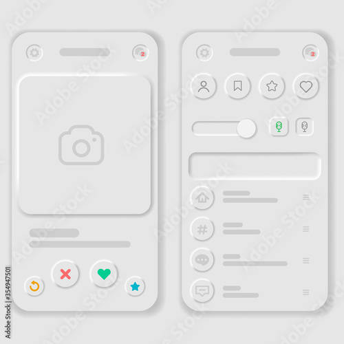 Mobile Dating App Mockup in Neumorphism Theme. UI and UX Alternative Trendy Concept Vector. Social Network Design Template. Neumorphism icons and control elements on light background.
