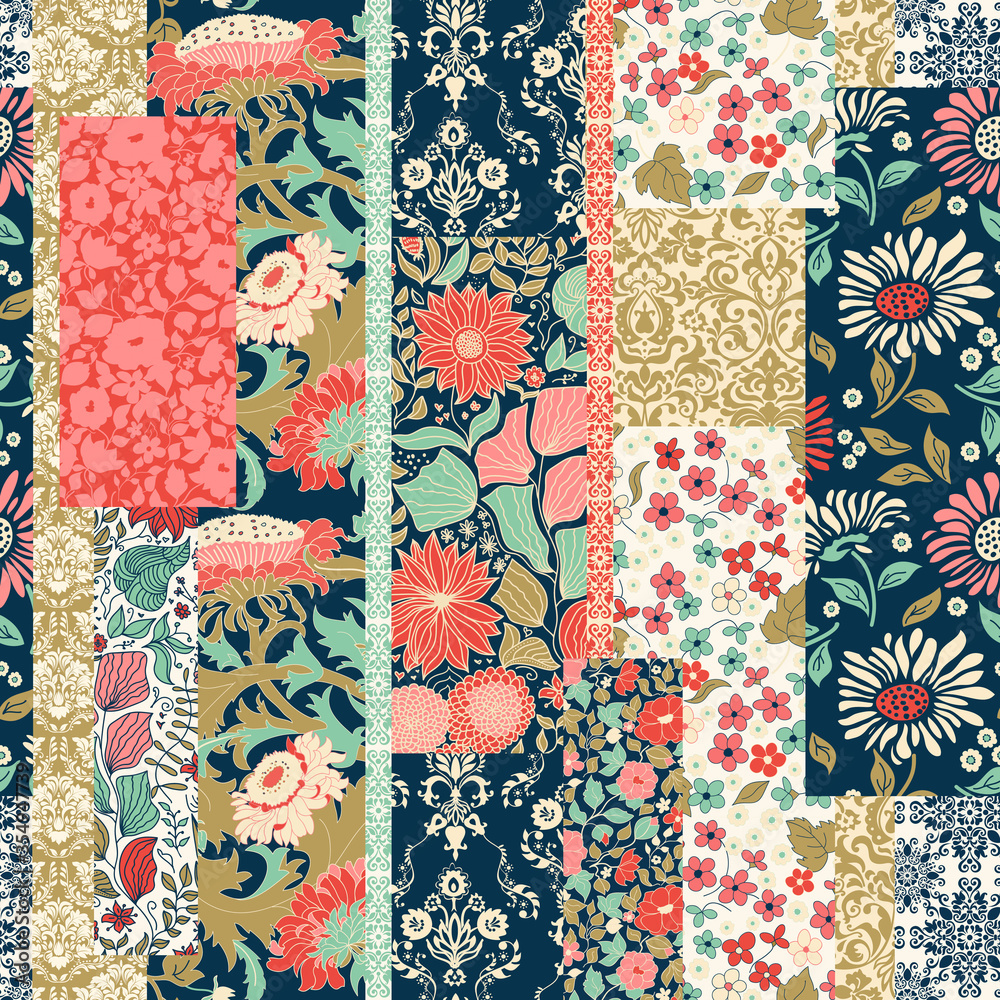 Seamless abstract colorful patchwork pattern from flowers on damask ...