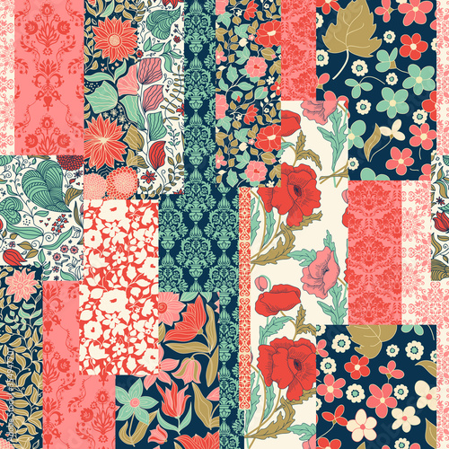 Seamless abstract colorful patchwork pattern from flowers on damask background. Vintage decorative elements. Floral Collage in retro colors. Freehand drawing. Vector illustration