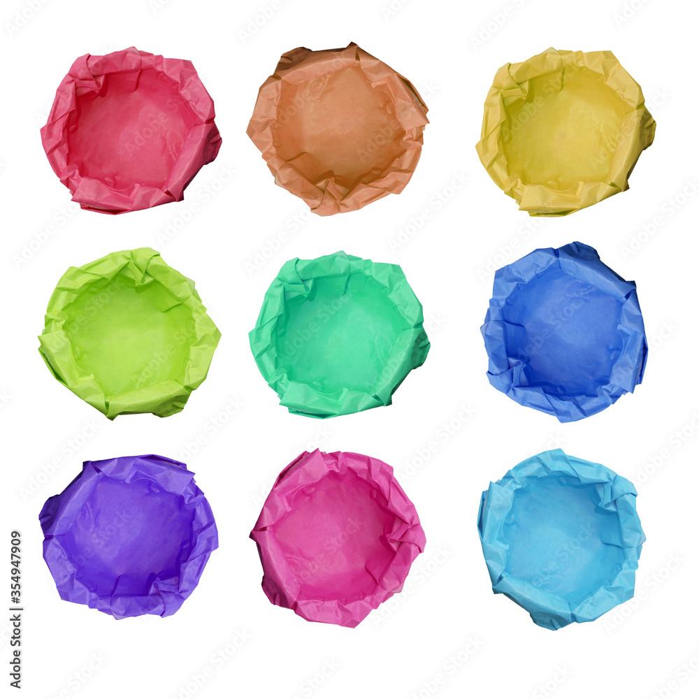 Set of empty round box of different bright colors from crumpled paper. Top view. Mockup, blank, template. Paper background, presentation of objects, gifts. Set of empty round box of different bright colors from crumpled paper. Top view. Mockup, blank, template. Paper background, presentation of objects, gifts.