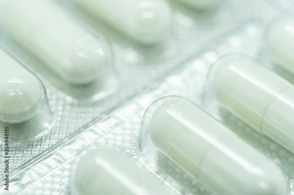 Pills and antibiotics close up. Macro photography