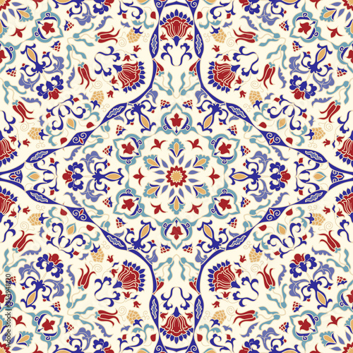 Seamless colorful pattern with mandala. Vintage decorative element. Hand drawn pattern in turkish style. Islam, Arabic, Indian, ottoman motif. Vector illustration