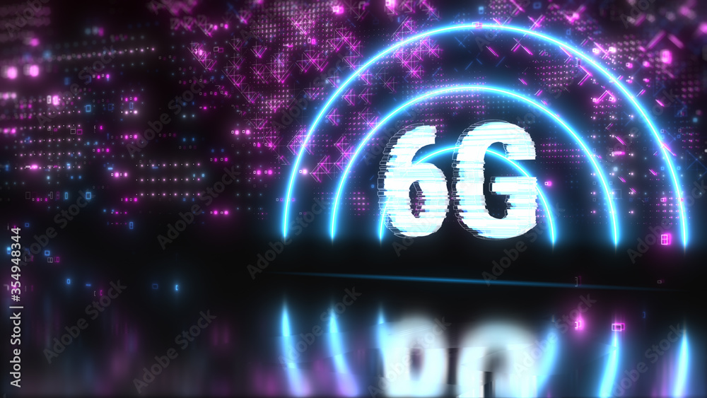 6G fast network and internet symbol. Tech style background with neon lights